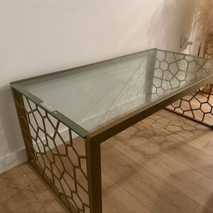 Glass Top Console Table with Gold Geometric Frame